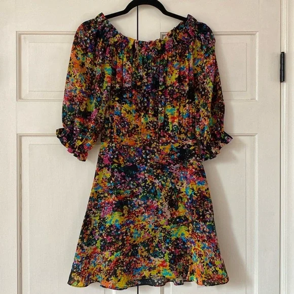 Saloni Grace Mini Dress in Golden Elixir Off Shoulder Colorful Splatter  Floral